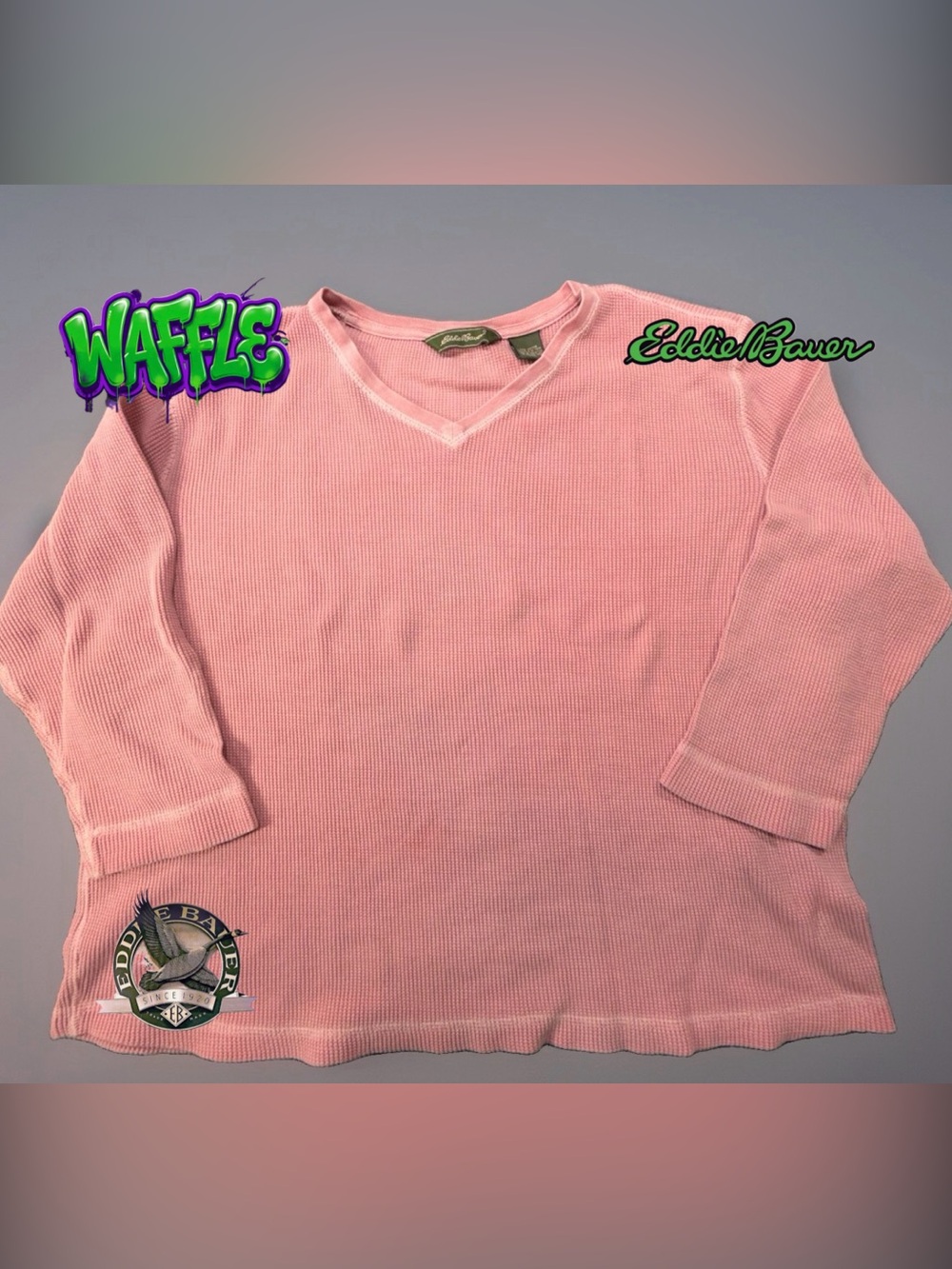 Eddie Bauer Thermal Shirt Womens XXL Pink Waffle V-Neck Cotton 23x21